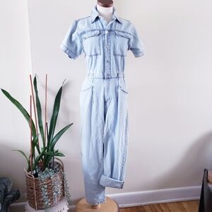LONESTAR NWOT Distressed Acid Wash 100% Cotton Aviator Utility Denim Jumpsuit M